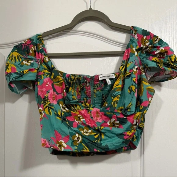 Express Teal Floral Puff Sleeve Crop Top - Picture 2 of 8